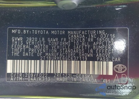 2016 Toyota Corolla S Plus из США, поврежденный, VIN 2T1BURHE6GC637119